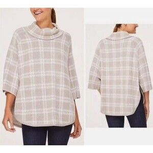 ~ LOFT Outlet Tan Plaid Turtleneck 3/4 Sleeve Poncho Knit Sweater XS/S womens ~
